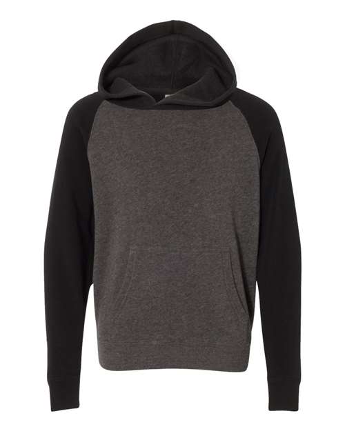 Independent Trading Co. PRM15YSB Youth Lightweight Special Blend Raglan Hooded Sweatshirt #color_Carbon/ Black