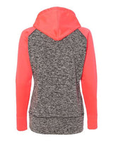 J America JA8618 Ladies' Colorblock Cosmic Hooded Sweatshirt #color_CHR FLK/ FIRE CR