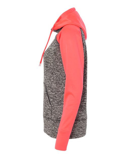 J America JA8618 Ladies' Colorblock Cosmic Hooded Sweatshirt #color_CHR FLK/ FIRE CR