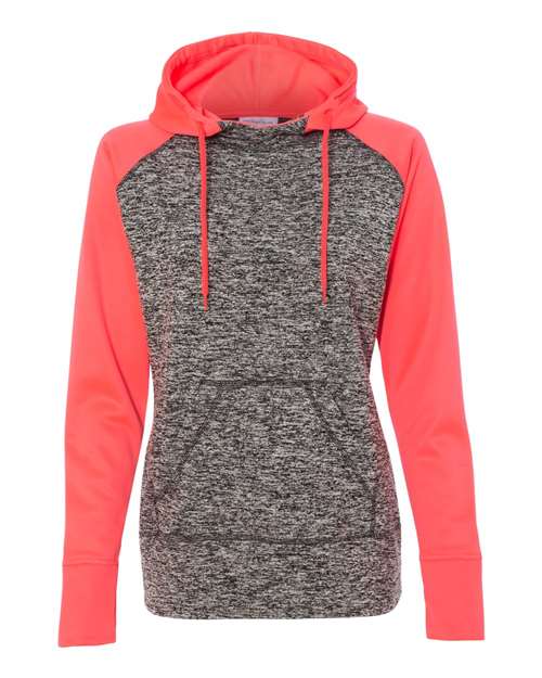 J America JA8618 Ladies' Colorblock Cosmic Hooded Sweatshirt #color_CHR FLK/ FIRE CR