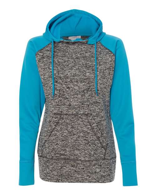 J America JA8618 Ladies' Colorblock Cosmic Hooded Sweatshirt #color_CHR FLK/ ELEC BL