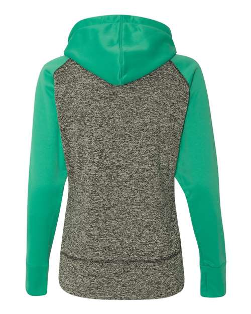 J America JA8618 Ladies' Colorblock Cosmic Hooded Sweatshirt #color_CHR FLK/ EMERALD