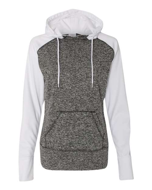 J America JA8618 Ladies' Colorblock Cosmic Hooded Sweatshirt #color_CHRCL FLK/ WHITE