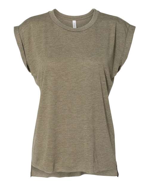 Bella + Canvas 8804 Ladies' Flowy Muscle T-Shirt with Rolled Cuff #color_HEATHER OLIVE