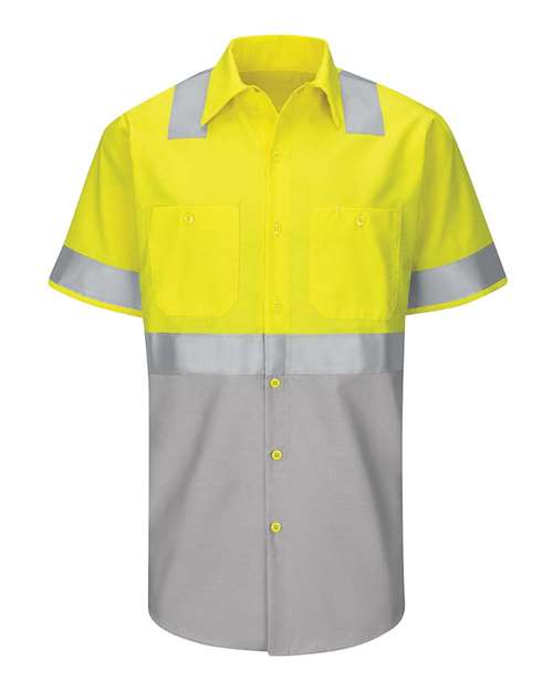 Red Kap SY24 Enhanced & Hi-Visibility Work Shirt #color_Fluorescent Yellow/ Green/ Grey
