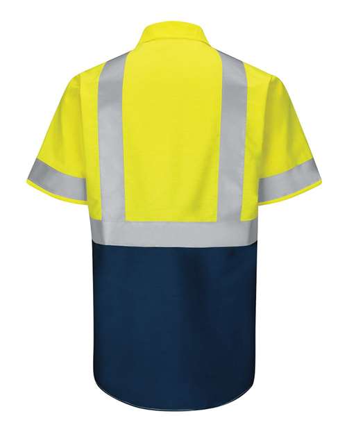Red Kap SY24 Enhanced & Hi-Visibility Work Shirt #color_Fluorescent Yellow/ Green/ Navy