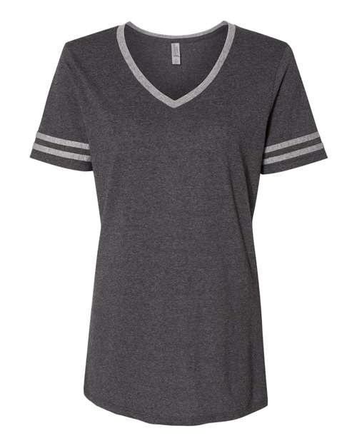 Jerzees 602WVR Ladies' TRI-BLEND Varsity V-Neck T-Shirt #color_BLACK HTH/ OXFRD