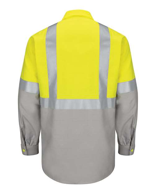 Red Kap SY14 Enhanced & Hi-Visibility Long Sleeve Work Shirt #color_Fluorescent Yellow/ Green/ Grey