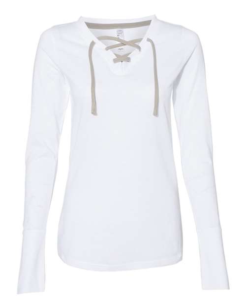LAT LA3538 Ladies' Long Sleeve Fine Jersey Lace-Up T-Shirt #color_BLEND WHT/ TITNM