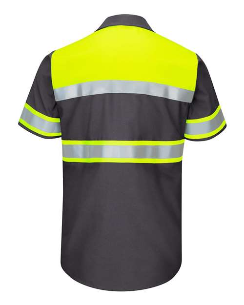Red Kap SY80 Hi-Visibility Colorblock Ripstop Short Sleeve Work Shirt #color_Fluorescent Yellow/ Charcoal