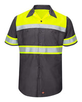 Red Kap SY80 Hi-Visibility Colorblock Ripstop Short Sleeve Work Shirt #color_Fluorescent Yellow/ Charcoal