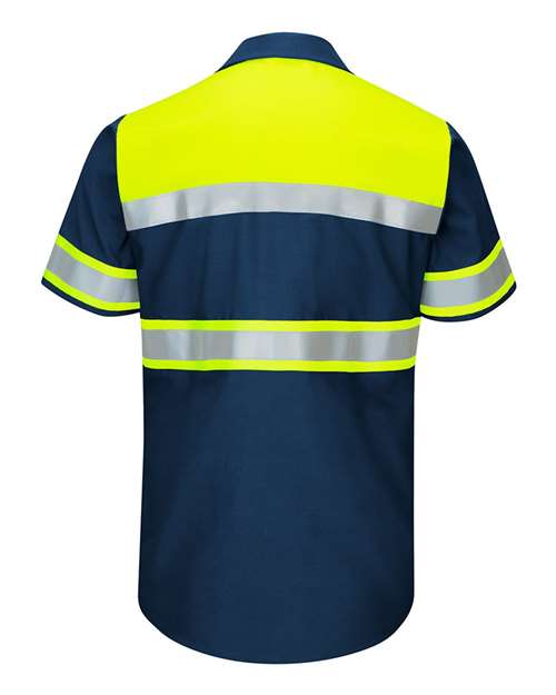 Red Kap SY80 Hi-Visibility Colorblock Ripstop Short Sleeve Work Shirt #color_Fluorescent Yellow/ Navy