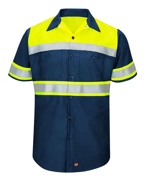 Red Kap SY80 Hi-Visibility Colorblock Ripstop Short Sleeve Work Shirt #color_Fluorescent Yellow/ Navy