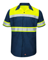 Red Kap SY80 Hi-Visibility Colorblock Ripstop Short Sleeve Work Shirt #color_Fluorescent Yellow/ Navy