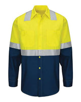Red Kap SY14 Enhanced & Hi-Visibility Long Sleeve Work Shirt #color_Fluorescent Yellow/ Green/ Navy