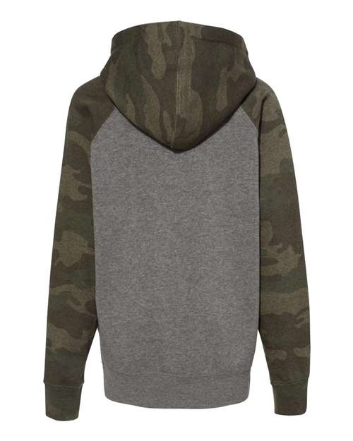 Independent Trading Co. PRM15YSB Youth Lightweight Special Blend Raglan Hooded Sweatshirt #color_Nickel Heather/ Forest Camo