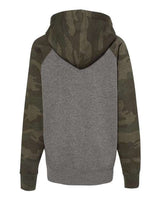 Independent Trading Co. PRM15YSB Youth Lightweight Special Blend Raglan Hooded Sweatshirt #color_Nickel Heather/ Forest Camo
