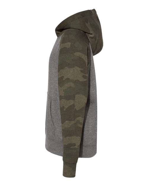 Independent Trading Co. PRM15YSB Youth Lightweight Special Blend Raglan Hooded Sweatshirt #color_Nickel Heather/ Forest Camo