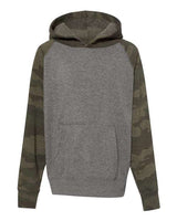 Independent Trading Co. PRM15YSB Youth Lightweight Special Blend Raglan Hooded Sweatshirt #color_Nickel Heather/ Forest Camo