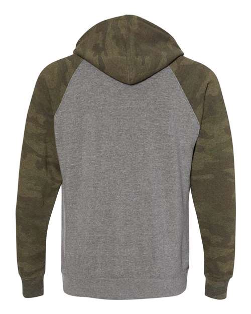 Independent Trading Co. PRM33SBP Special Blend Raglan Hooded Sweatshirt #color_Nickel Heather/ Forest Camo
