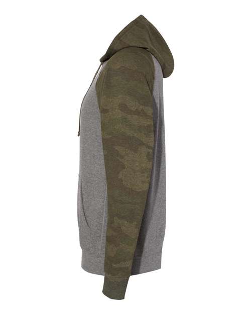 Independent Trading Co. PRM33SBP Special Blend Raglan Hooded Sweatshirt #color_Nickel Heather/ Forest Camo