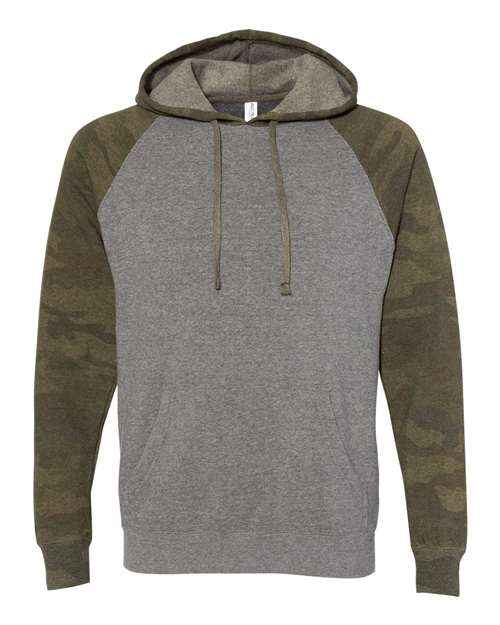 Independent Trading Co. PRM33SBP Special Blend Raglan Hooded Sweatshirt #color_Nickel Heather/ Forest Camo