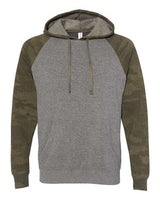 Independent Trading Co. PRM33SBP Special Blend Raglan Hooded Sweatshirt #color_Nickel Heather/ Forest Camo