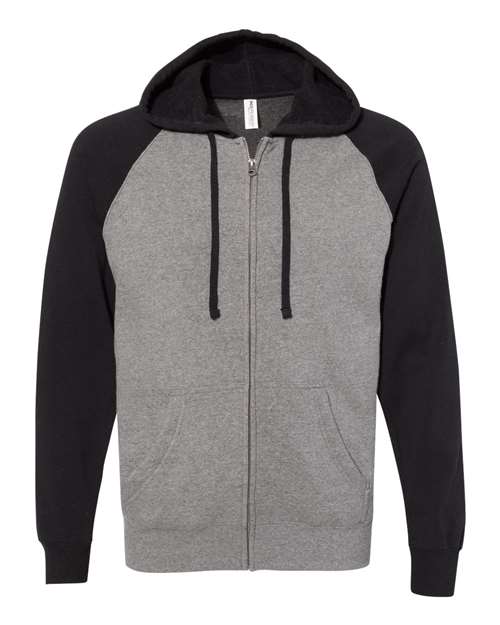 Independent Trading Co. PRM33SBZ Special Blend Raglan Full-Zip Hooded Sweatshirt #color_Nickel Heather/ Black