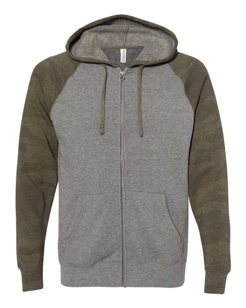 Independent Trading Co. PRM33SBZ Special Blend Raglan Full-Zip Hooded Sweatshirt #color_Nickel Heather/ Forest Camo