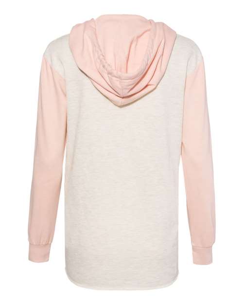 MV Sport W20145 Women’s French Terry Hooded Pullover with Colorblocked Sleeves #color_Cameo Pink/ Oatmeal