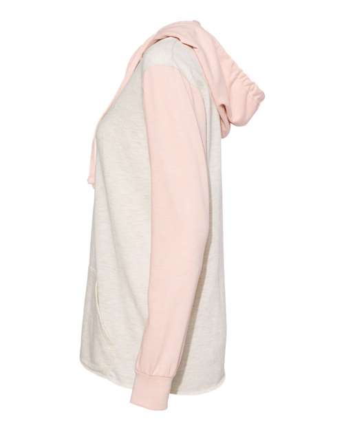 MV Sport W20145 Women’s French Terry Hooded Pullover with Colorblocked Sleeves #color_Cameo Pink/ Oatmeal
