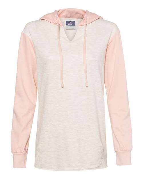 MV Sport W20145 Women’s French Terry Hooded Pullover with Colorblocked Sleeves #color_Cameo Pink/ Oatmeal