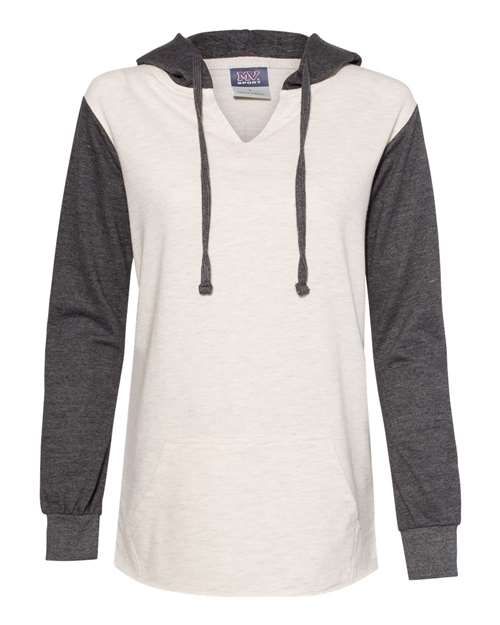 MV Sport W20145 Women’s French Terry Hooded Pullover with Colorblocked Sleeves #color_Charcoal/ Oatmeal