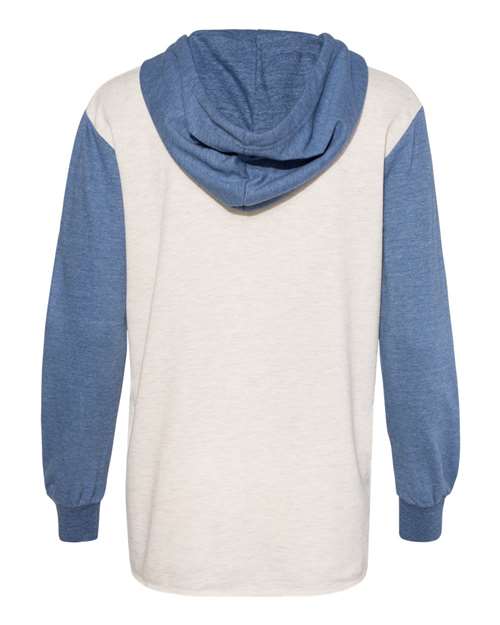 MV Sport W20145 Women’s French Terry Hooded Pullover with Colorblocked Sleeves #color_Stonewash/ Oatmeal