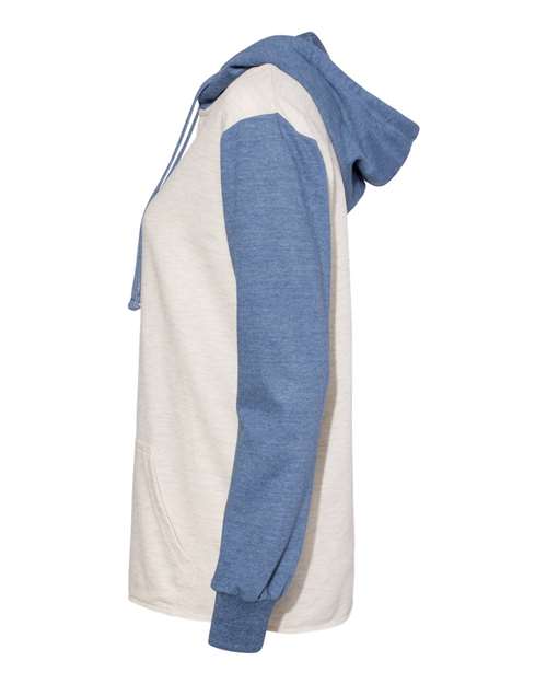 MV Sport W20145 Women’s French Terry Hooded Pullover with Colorblocked Sleeves #color_Stonewash/ Oatmeal