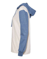 MV Sport W20145 Women’s French Terry Hooded Pullover with Colorblocked Sleeves #color_Stonewash/ Oatmeal