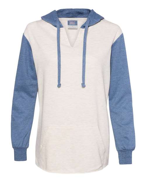 MV Sport W20145 Women’s French Terry Hooded Pullover with Colorblocked Sleeves #color_Stonewash/ Oatmeal