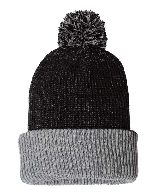 ""Sportsman SP70 12" Speckled Pom-Pom Cuffed Beanie" #color_Black/ Heather Grey"