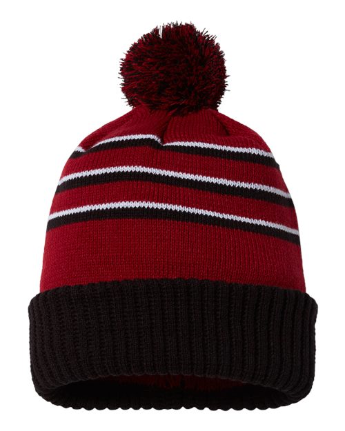 Richardson 134 Pom Cuffed Beanie #color_Cardinal/ Black/ White