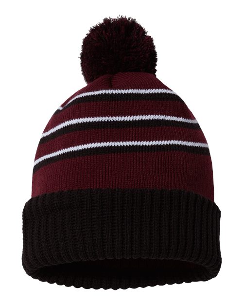 Richardson 134 Pom Cuffed Beanie #color_Maroon/ Black/ White