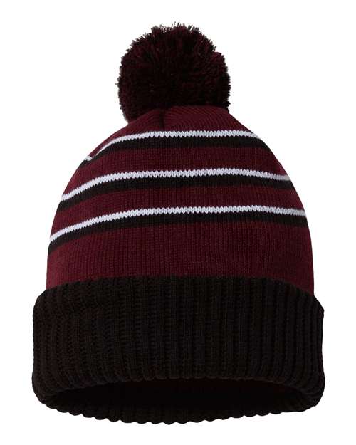 Richardson 134 Pom Cuffed Beanie #color_Maroon/ Black/ White