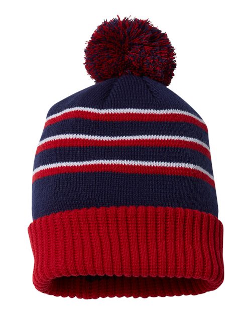 Richardson 134 Pom Cuffed Beanie #color_Navy/ Red/ White