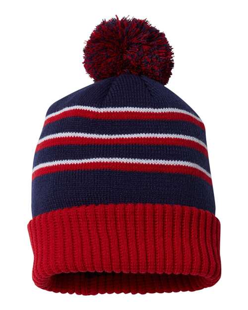 Richardson 134 Pom Cuffed Beanie #color_Navy/ Red/ White