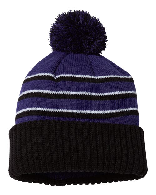 Richardson 134 Pom Cuffed Beanie #color_Purple/ Black/ White