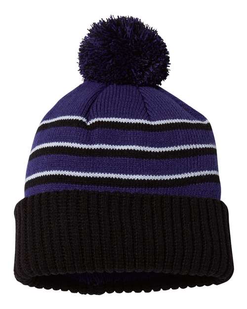 Richardson 134 Pom Cuffed Beanie #color_Purple/ Black/ White