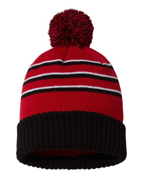 Richardson 134 Pom Cuffed Beanie #color_Red/ Black/ White