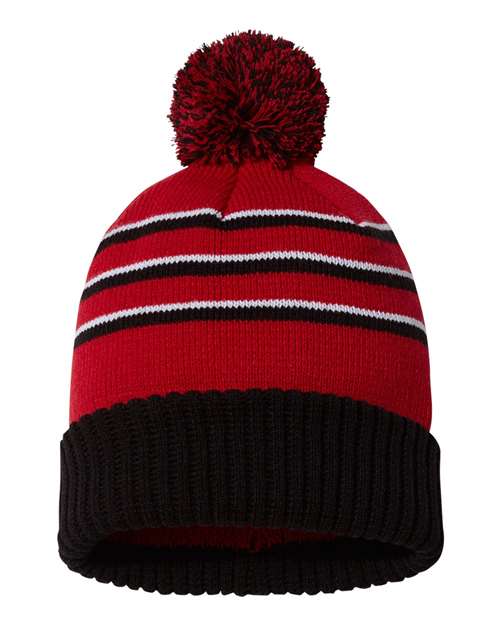 Richardson 134 Pom Cuffed Beanie #color_Red/ Black/ White