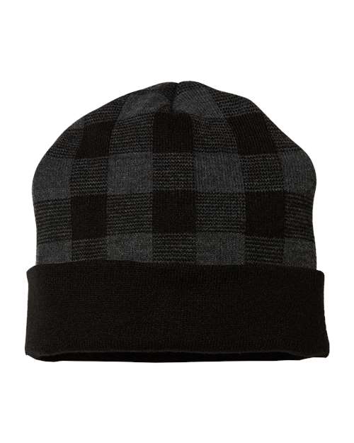CAP AMERICA RKP12 USA-Made Plaid Beanie #color_Black/ Dark Heather Grey
