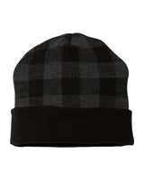 CAP AMERICA RKP12 USA-Made Plaid Beanie #color_Black/ Dark Heather Grey