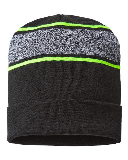 CAP AMERICA RKV12 USA-Made Variegated Striped Cuffed Beanie #color_Black/ Neon Yellow